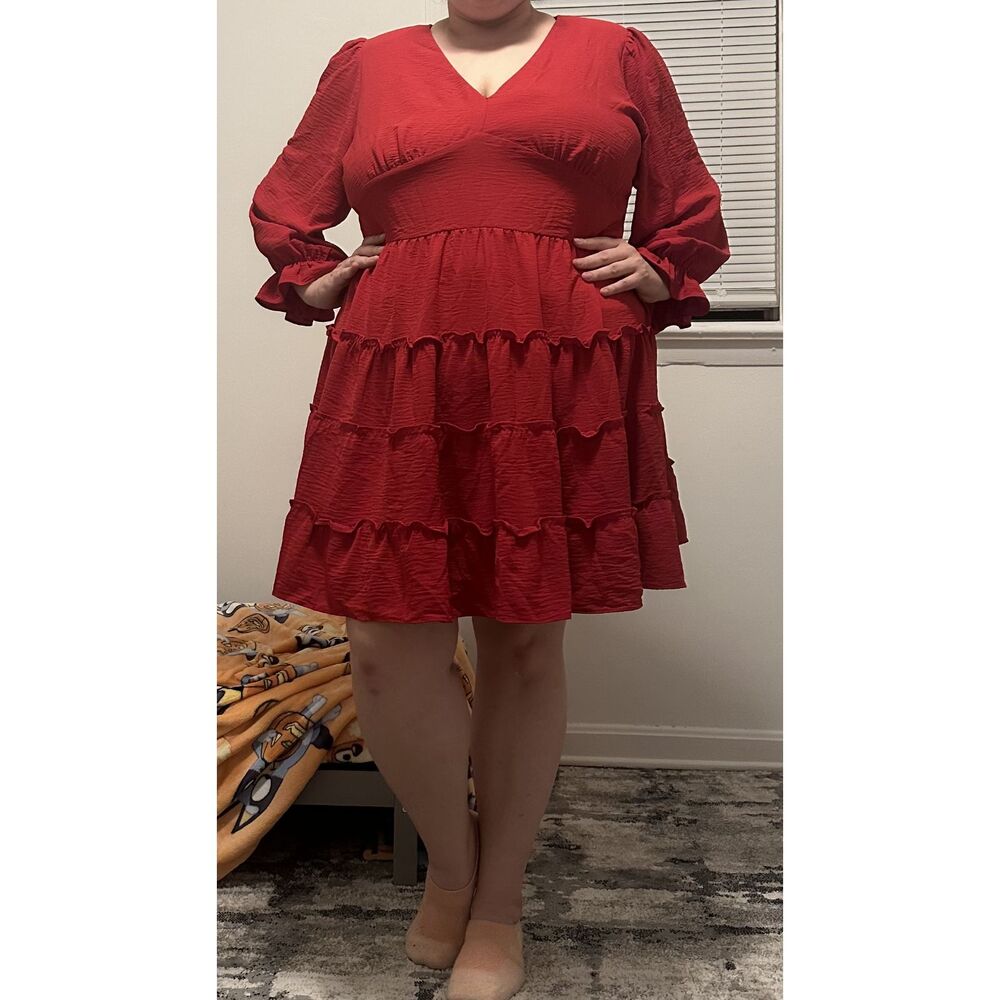 Emma & Michele Plus Size 22W Red Tiered Ruffle Long Sleeve Dress